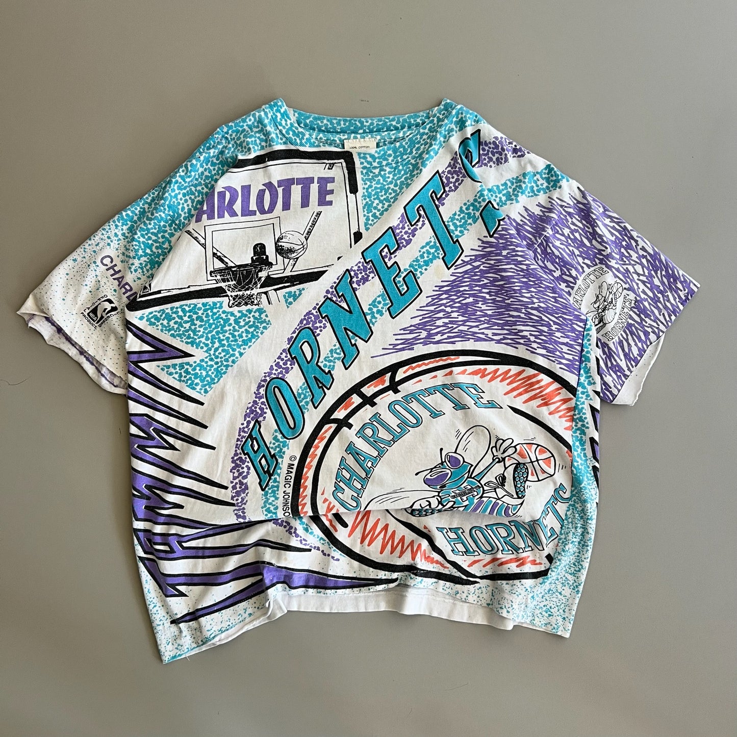 Large 90s Charlotte Hornets Magic Johnson AOP T-shirt
