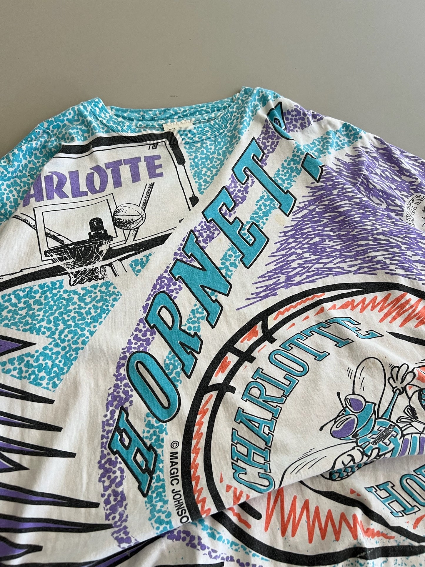 Large 90s Charlotte Hornets Magic Johnson AOP T-shirt