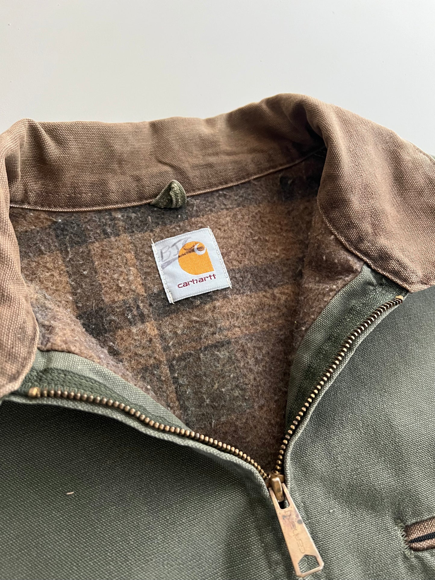 2XL 90s Olive Green Plaid Lined Carhartt Detroit Jacket