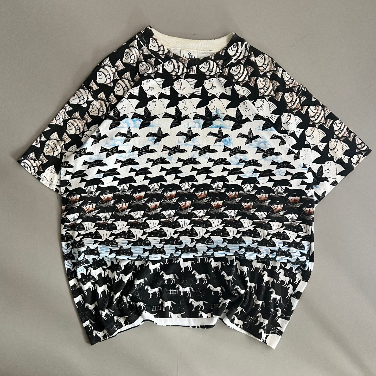 XL 90s MC Escher Sky and Water Art T-shirt