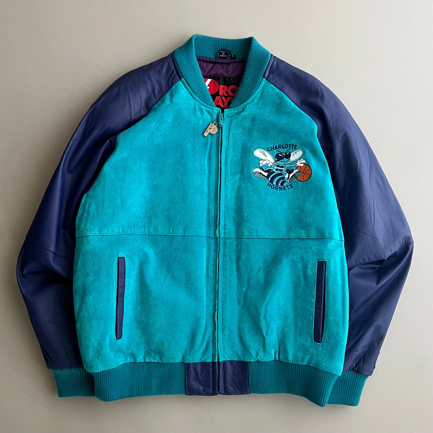 Large 90s Charlotte Hornets Leather Pro Player Jacket