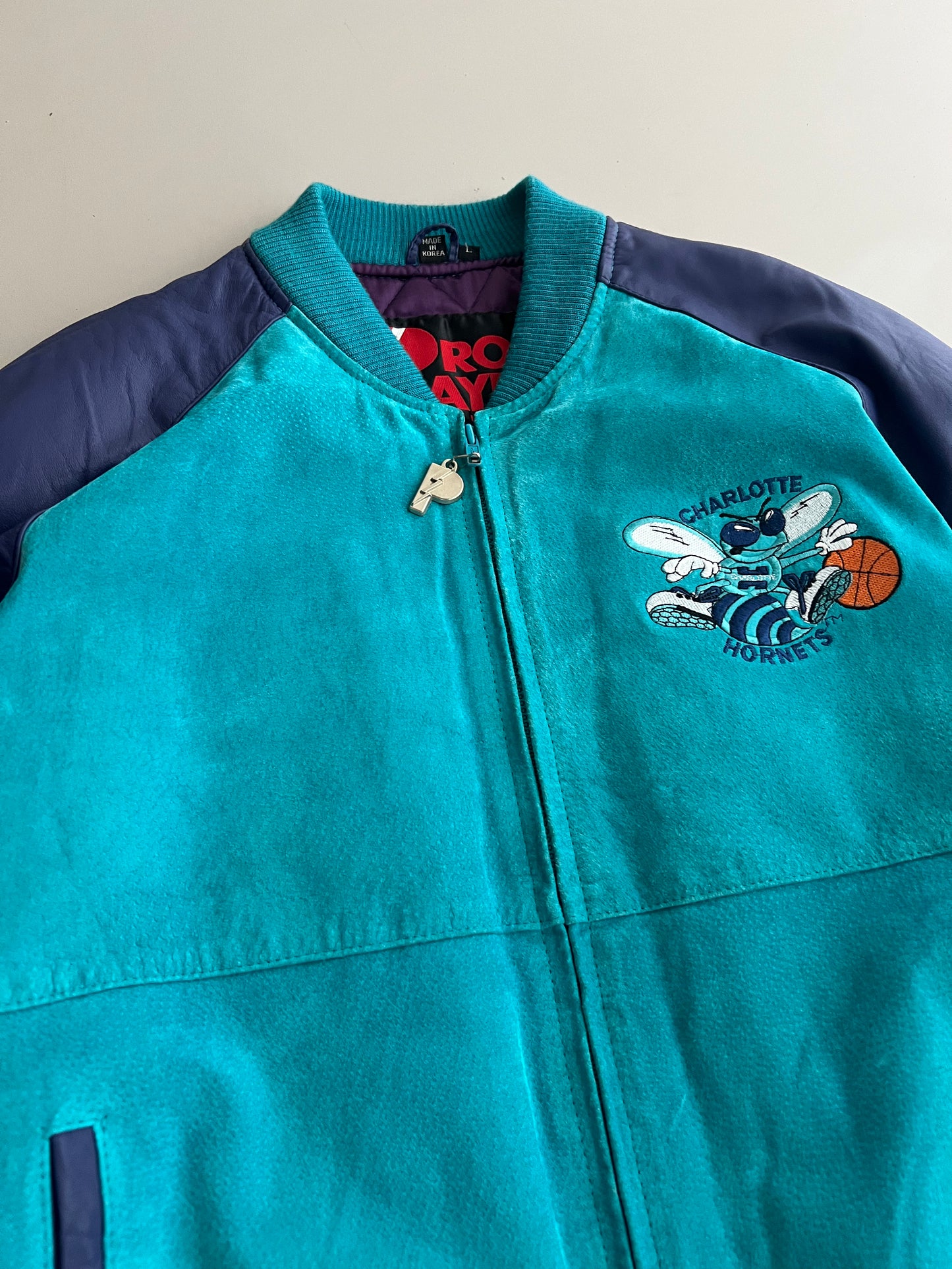 Large 90s Charlotte Hornets Leather Pro Player Jacket