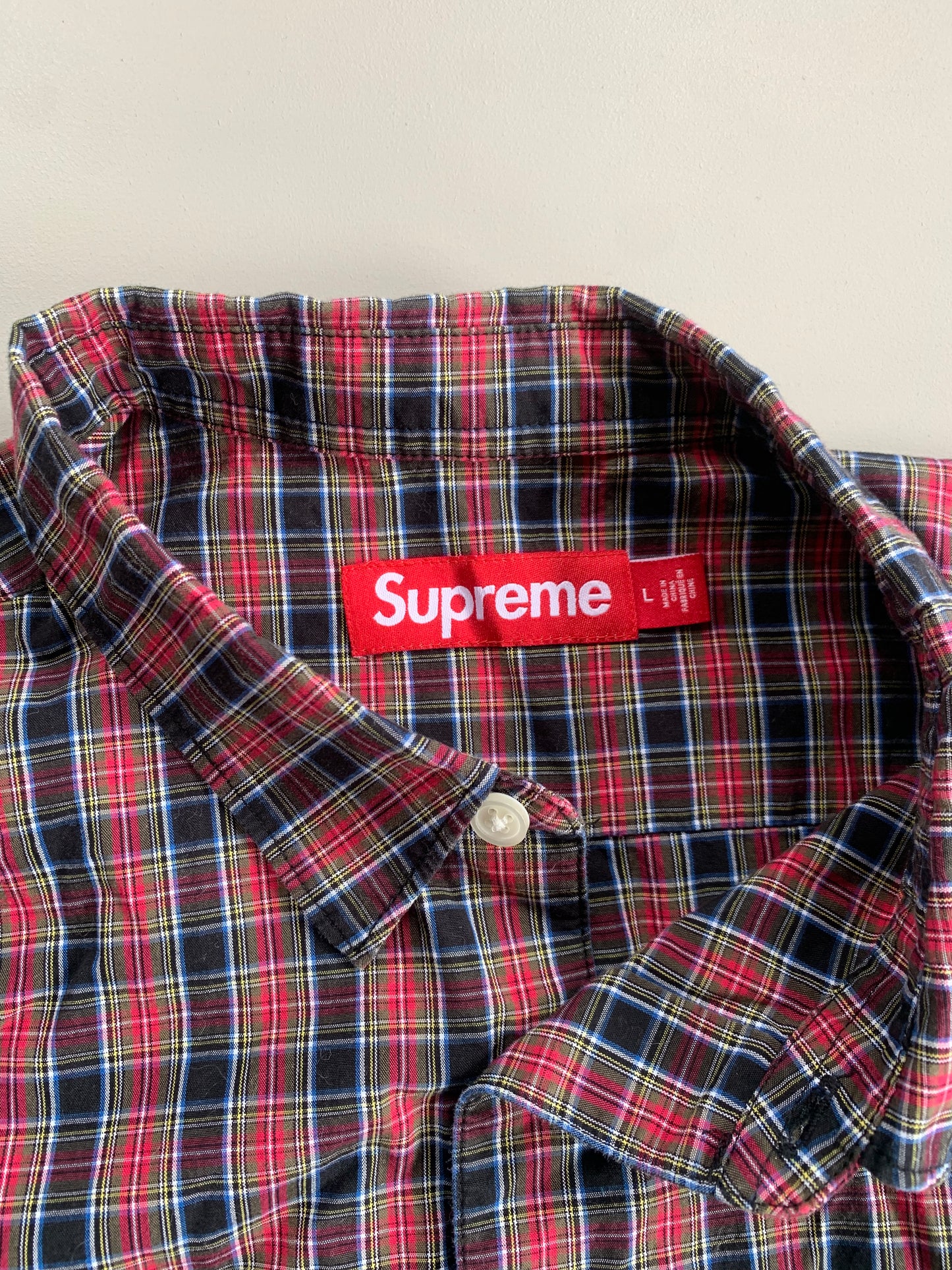 Large Supreme Red Mini Plaid Button Shirt