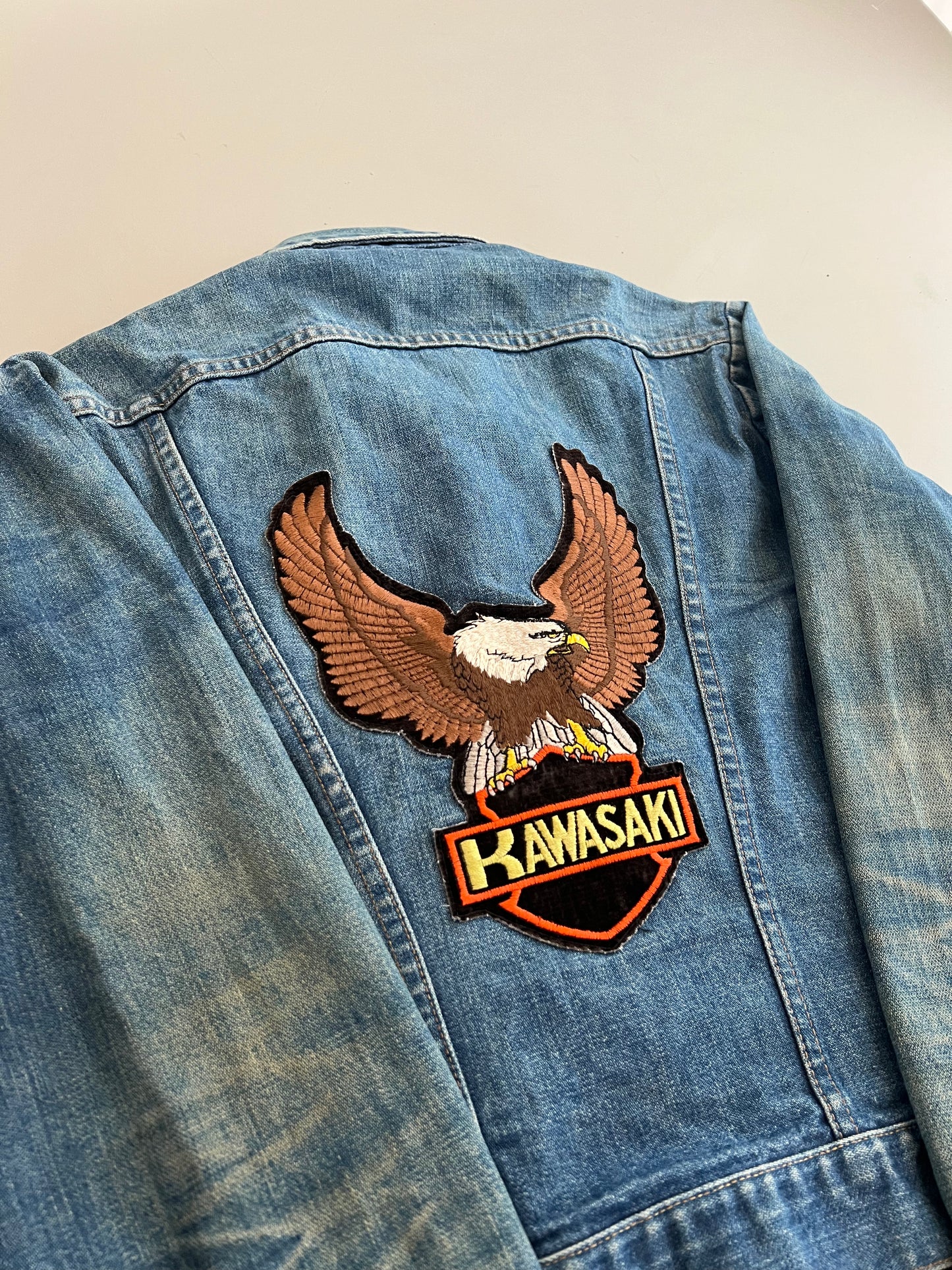 Small 80s Wrangler Harley Davidson Kawasaki Patch Denim Jacket