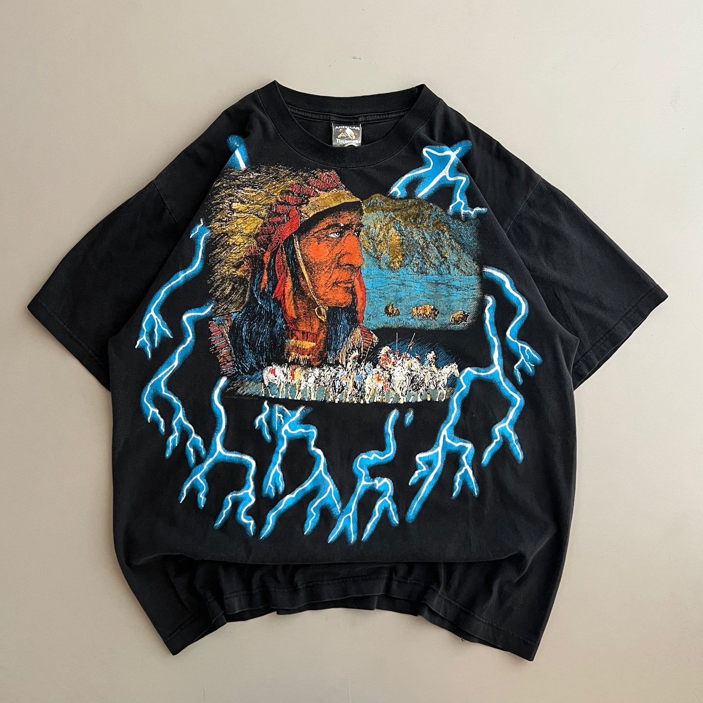 Large 90s American Thunder Native American Lightning AOP T-shirt