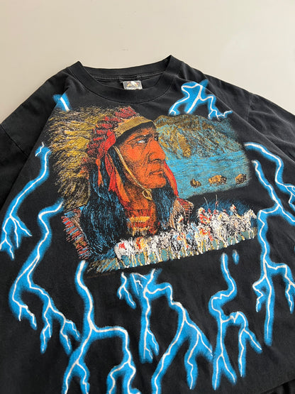 Large 90s American Thunder Native American Lightning AOP T-shirt