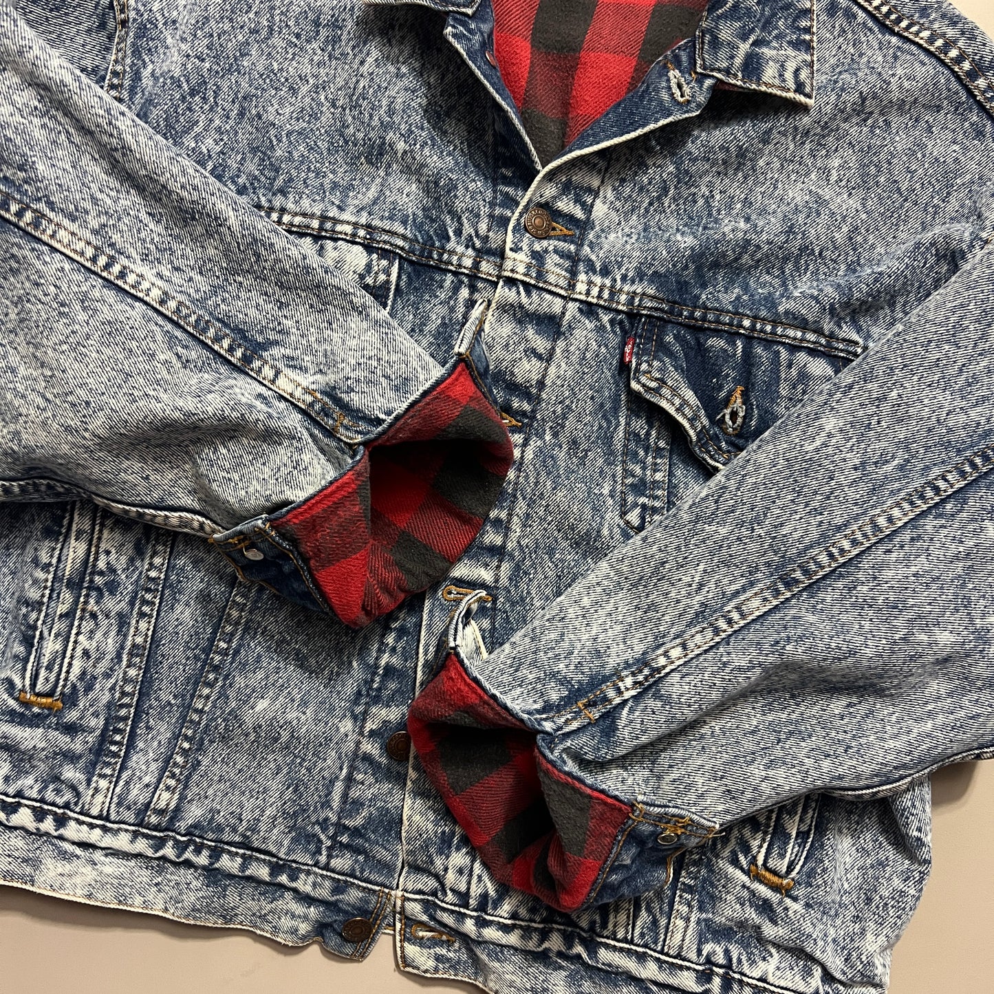 Large 1980s Levi's Red Plaid Lined Denim Jacket