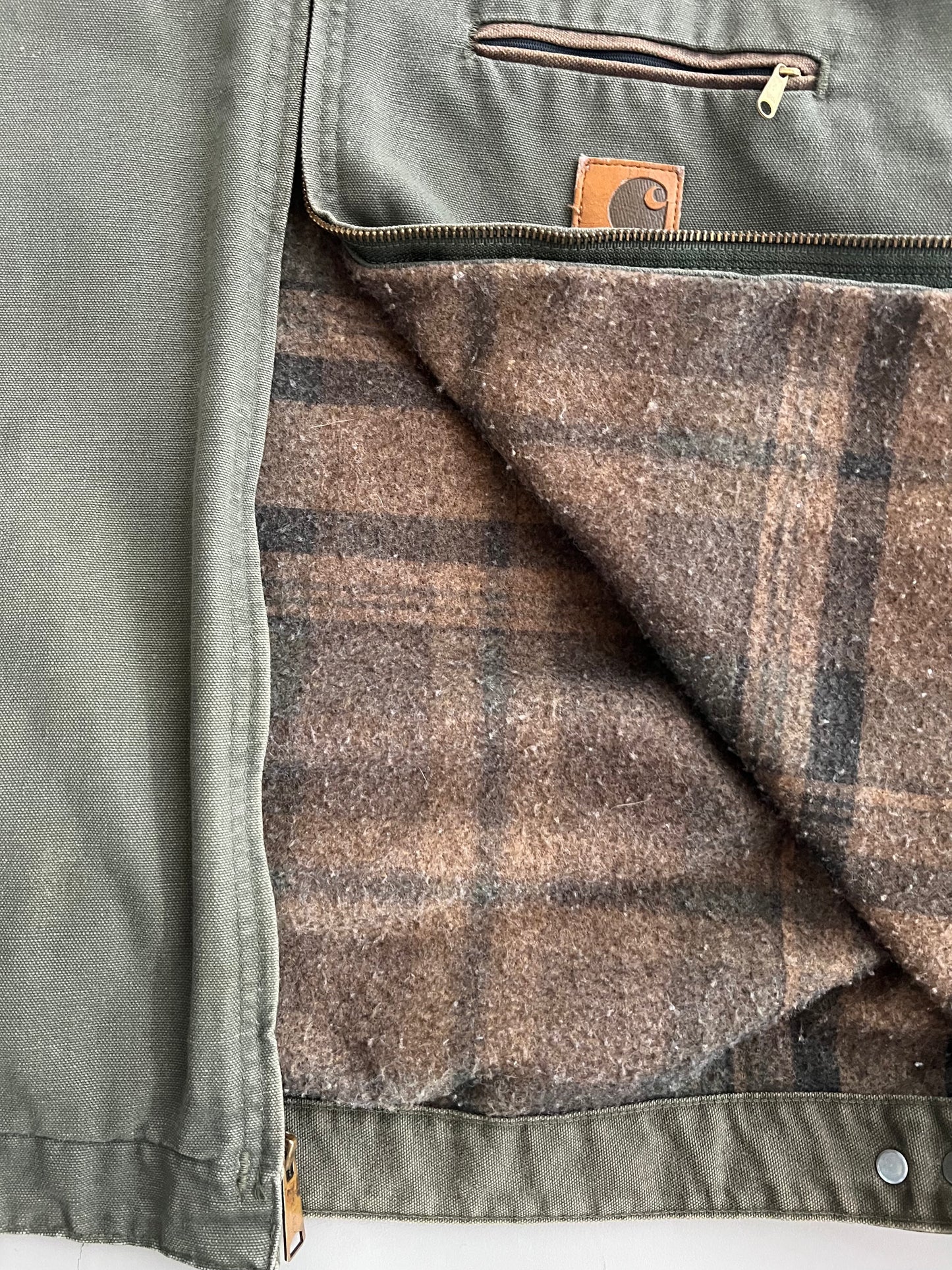 2XL 90s Olive Green Plaid Lined Carhartt Detroit Jacket