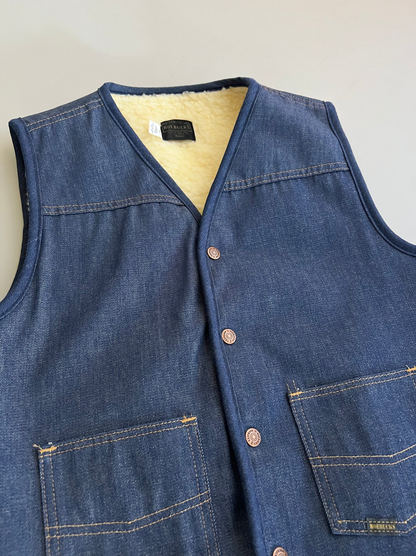 Large 80s Roebucks Sears Sherpa Lined Denim Vest