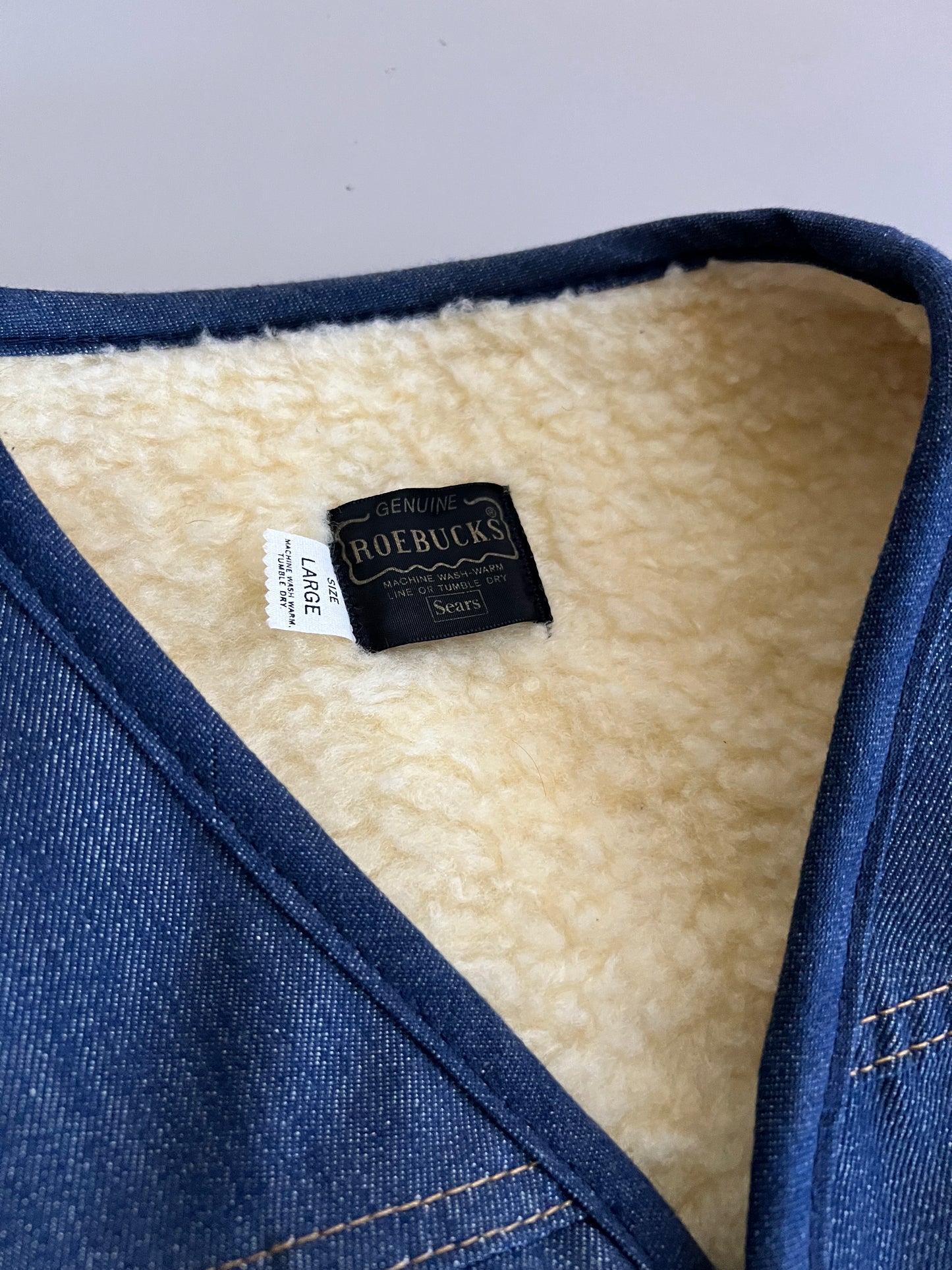 Large 80s Roebucks Sears Sherpa Lined Denim Vest