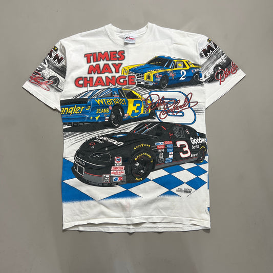 Large 1996 Distressed Dale Earnhardt Times May Change AOP T-shirt