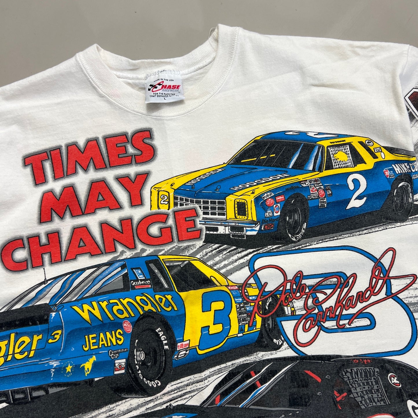 Large 1996 Distressed Dale Earnhardt Times May Change AOP T-shirt