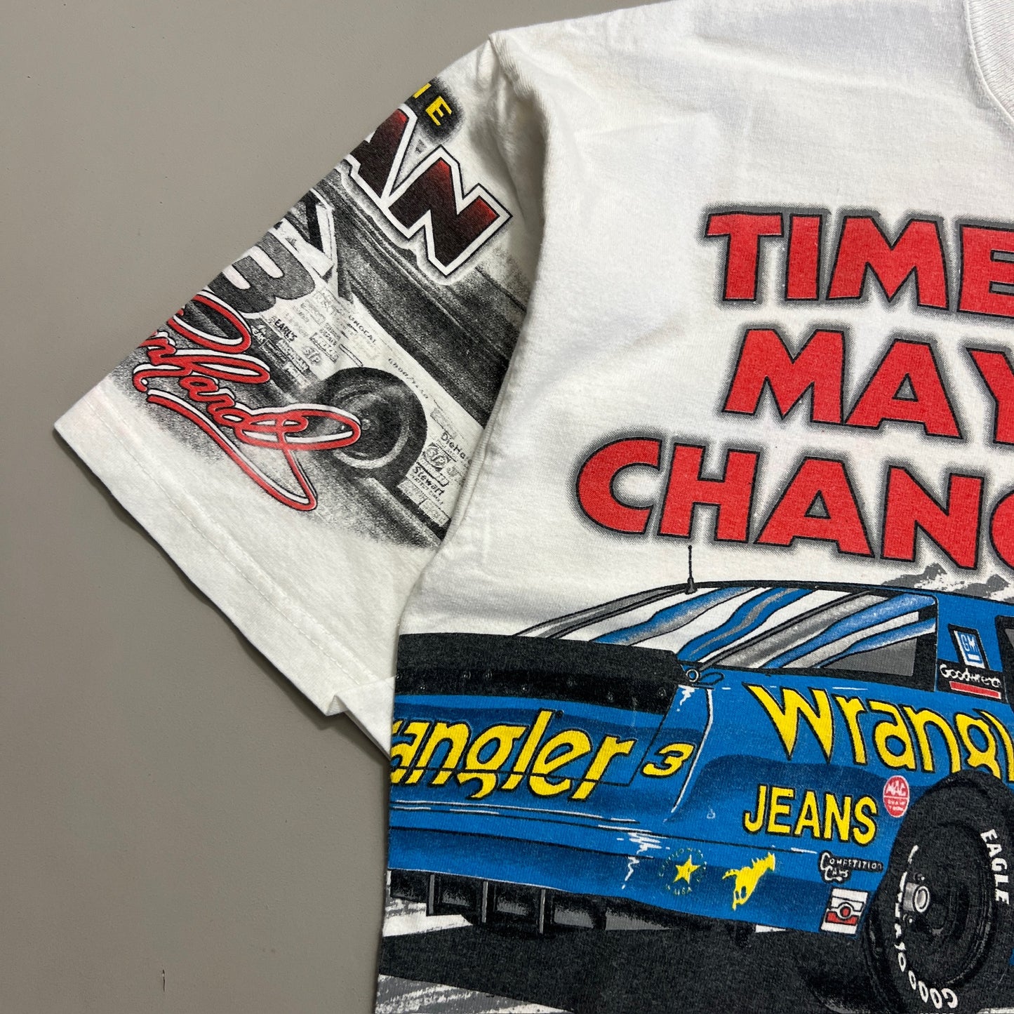 Large 1996 Distressed Dale Earnhardt Times May Change AOP T-shirt