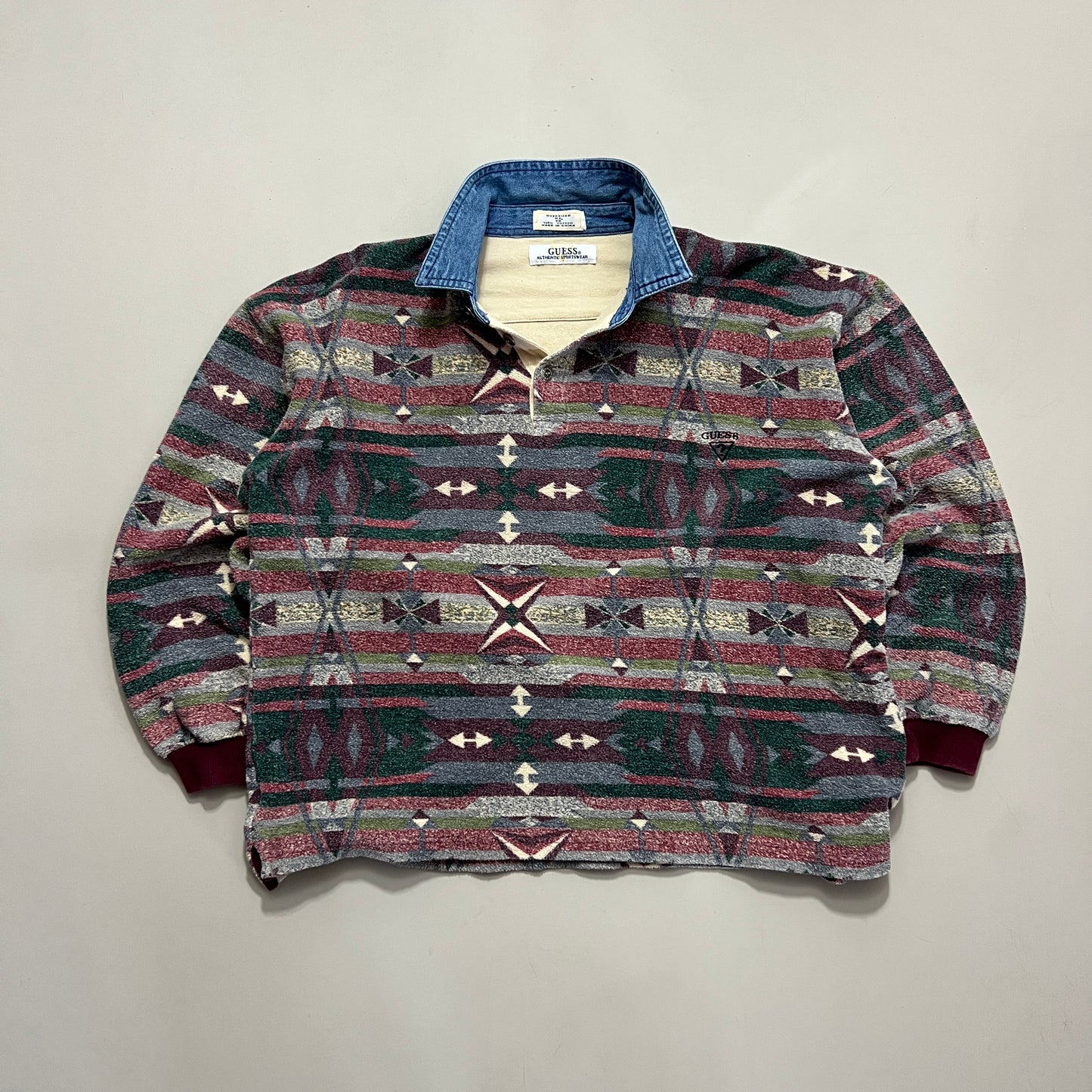 XL 90s Guess Terry Cloth Aztec Collared Shirt