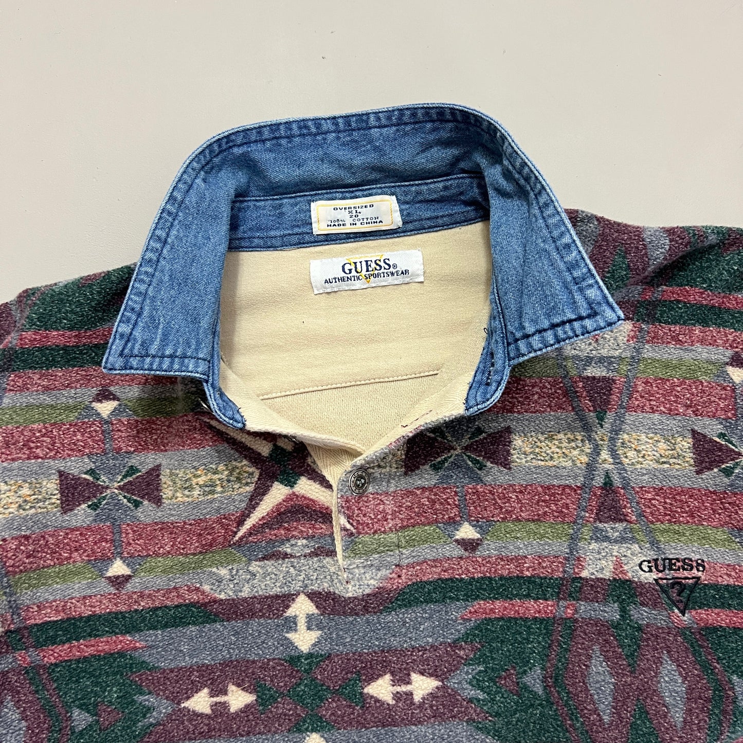 XL 90s Guess Terry Cloth Aztec Collared Shirt