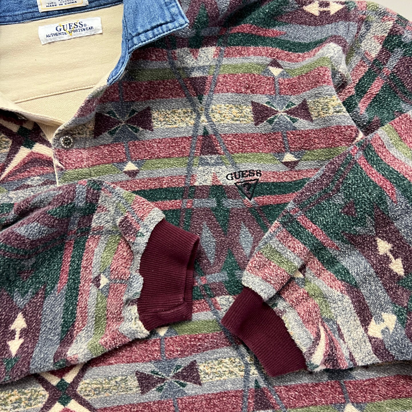 XL 90s Guess Terry Cloth Aztec Collared Shirt