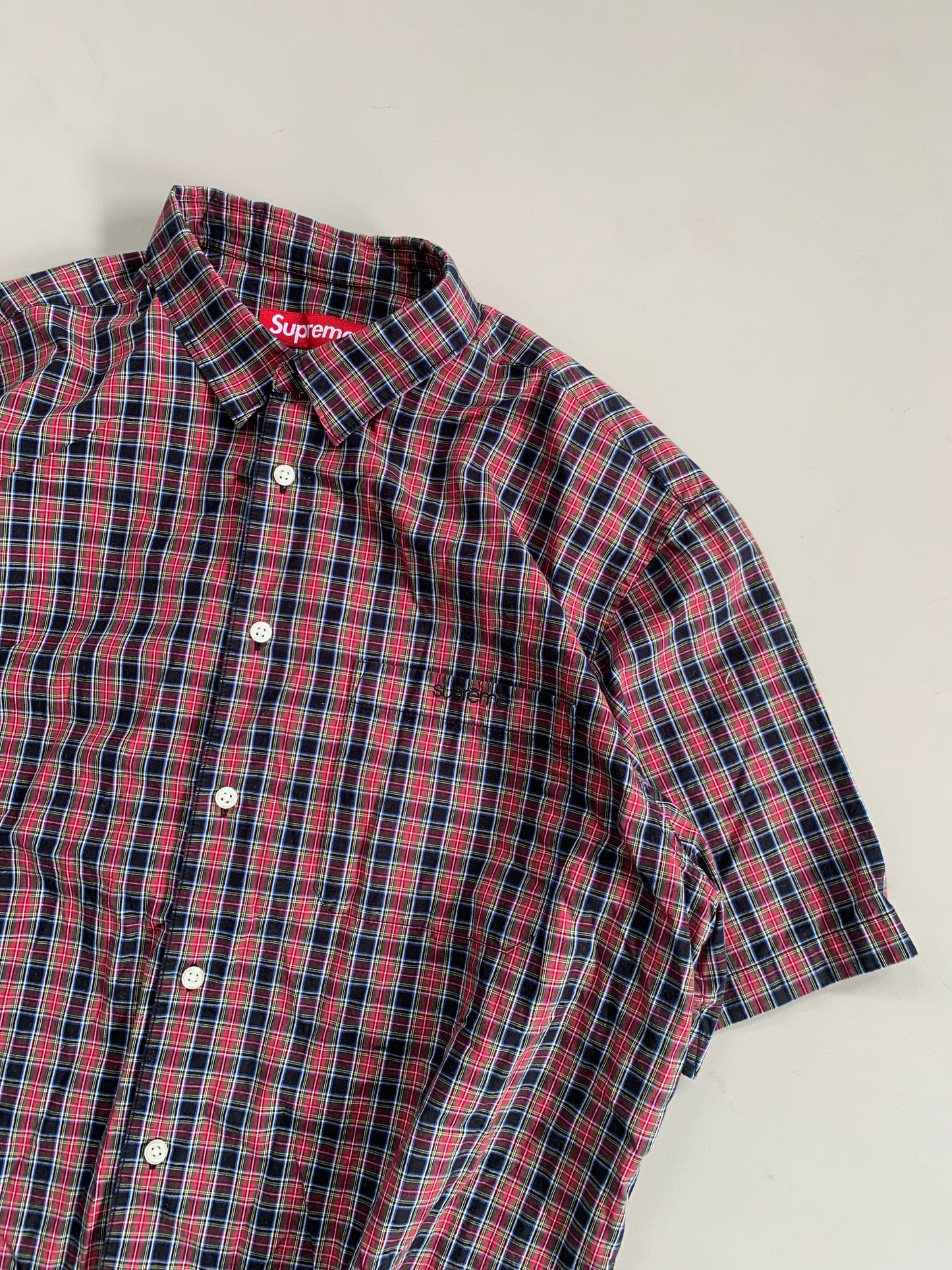Large Supreme Red Mini Plaid Button Shirt