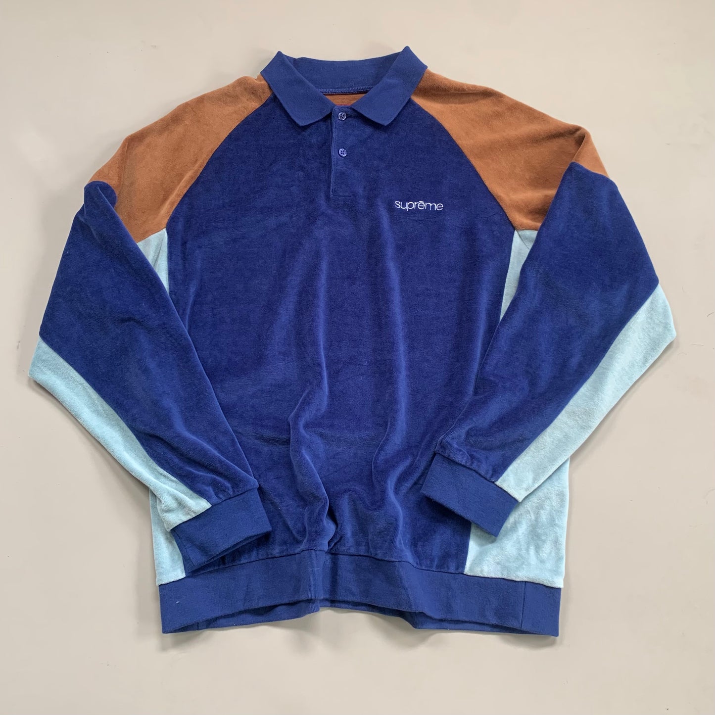 Large Blue Supreme Paneled Velour Collared Shirt