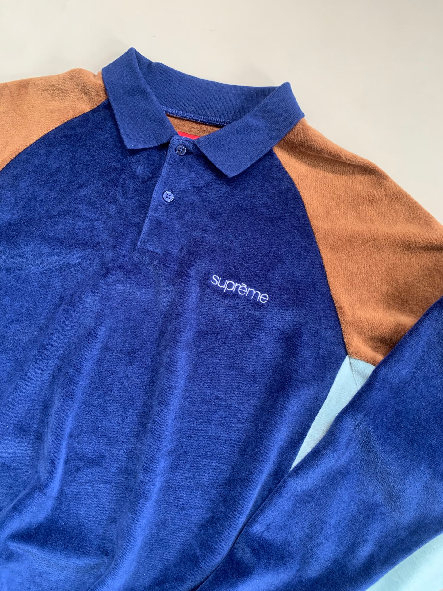 Large Blue Supreme Paneled Velour Collared Shirt