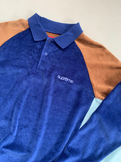 Large Blue Supreme Paneled Velour Collared Shirt