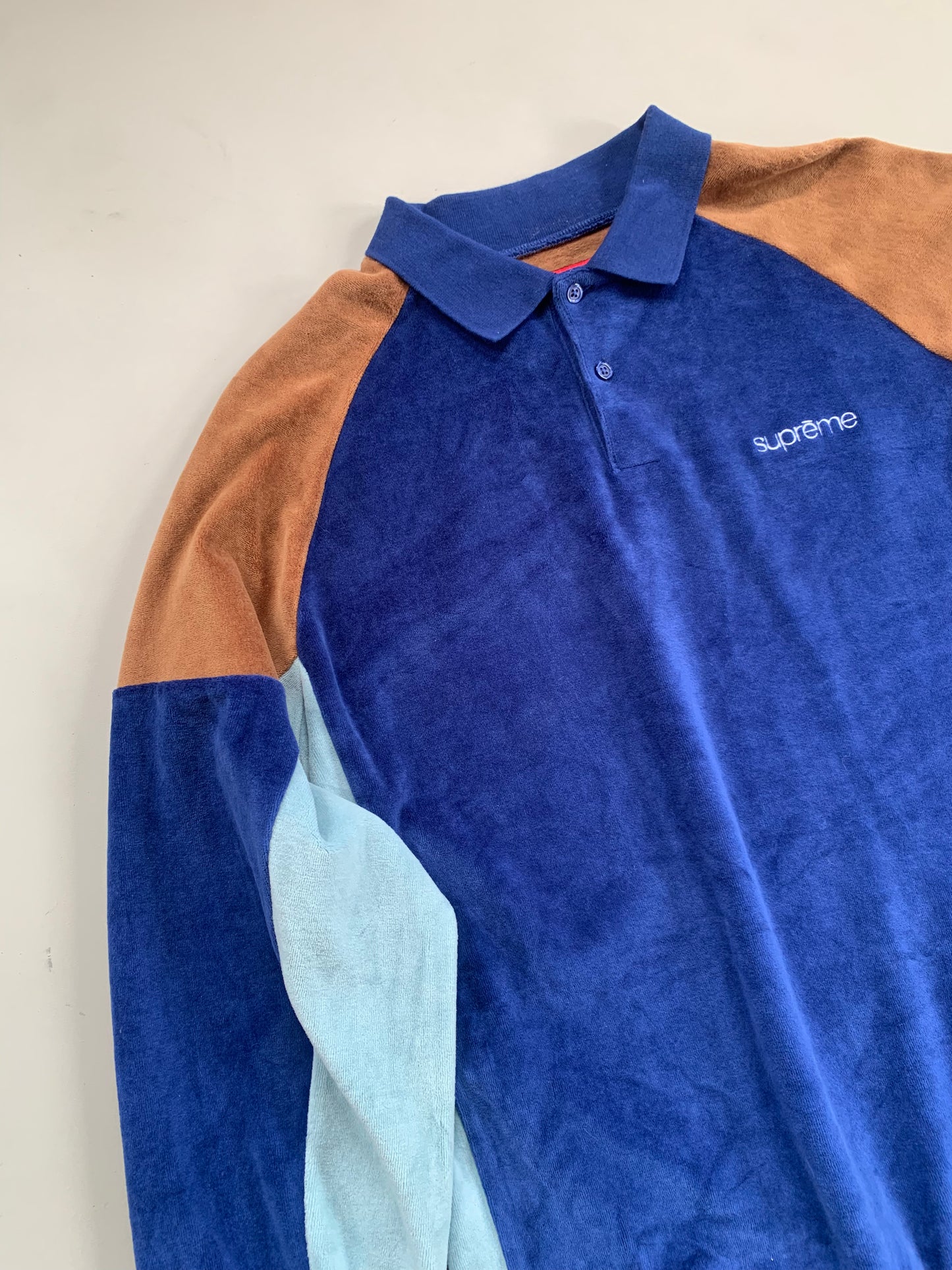 Large Blue Supreme Paneled Velour Collared Shirt