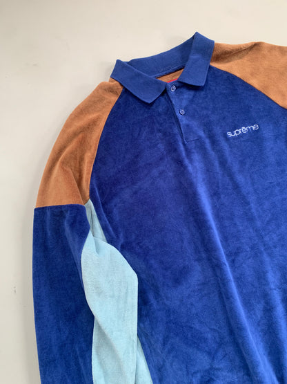 Large Blue Supreme Paneled Velour Collared Shirt