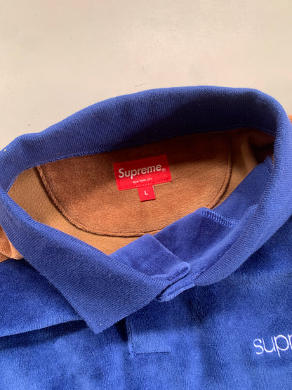 Large Blue Supreme Paneled Velour Collared Shirt