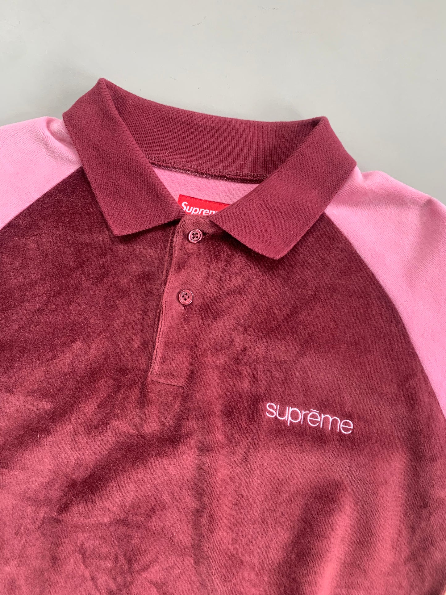 Large Pink Supreme Paneled Velour Collared Shirt
