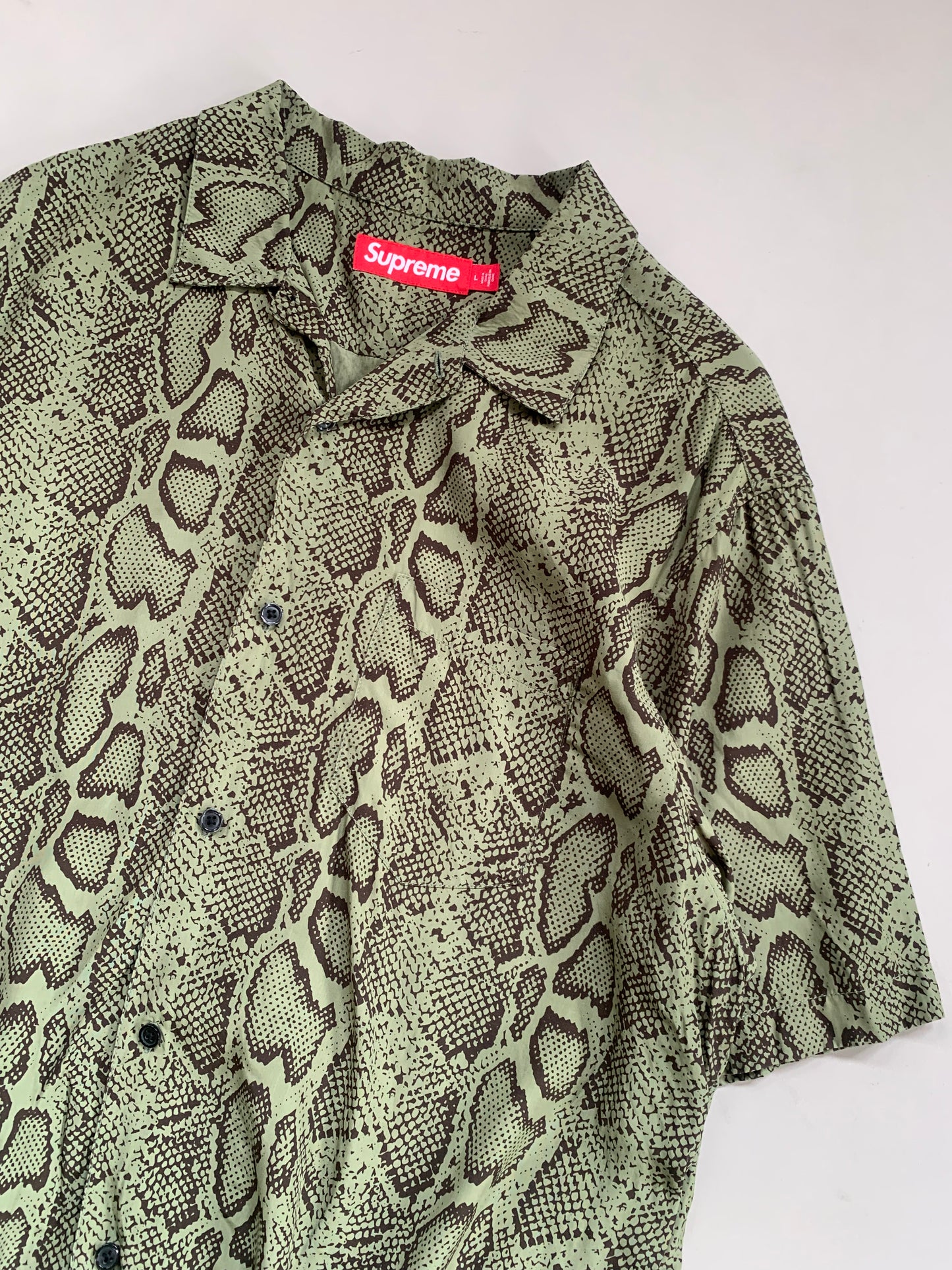 Large Supreme Olive Snake Print Button Shirt