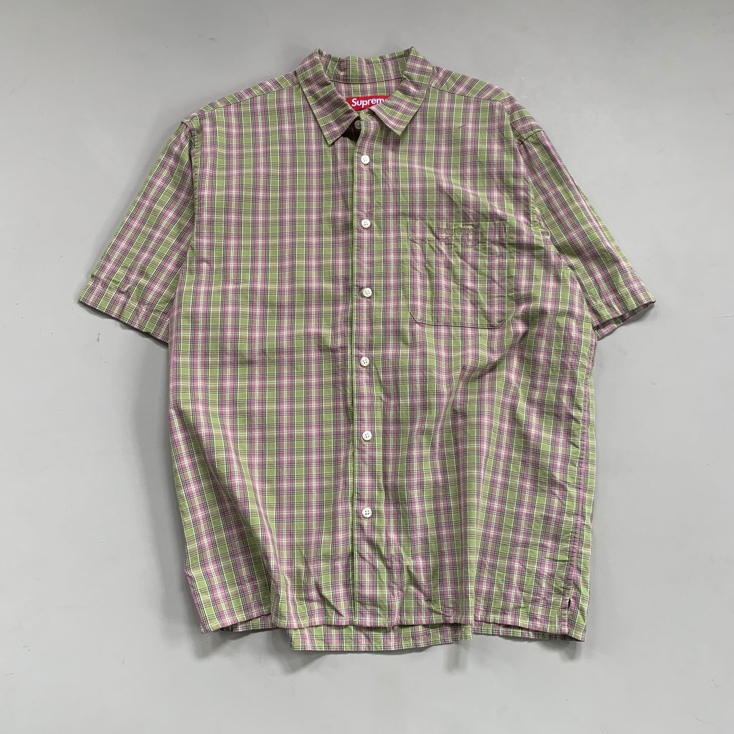 Large Supreme Green/Pink Plaid Button Shirt