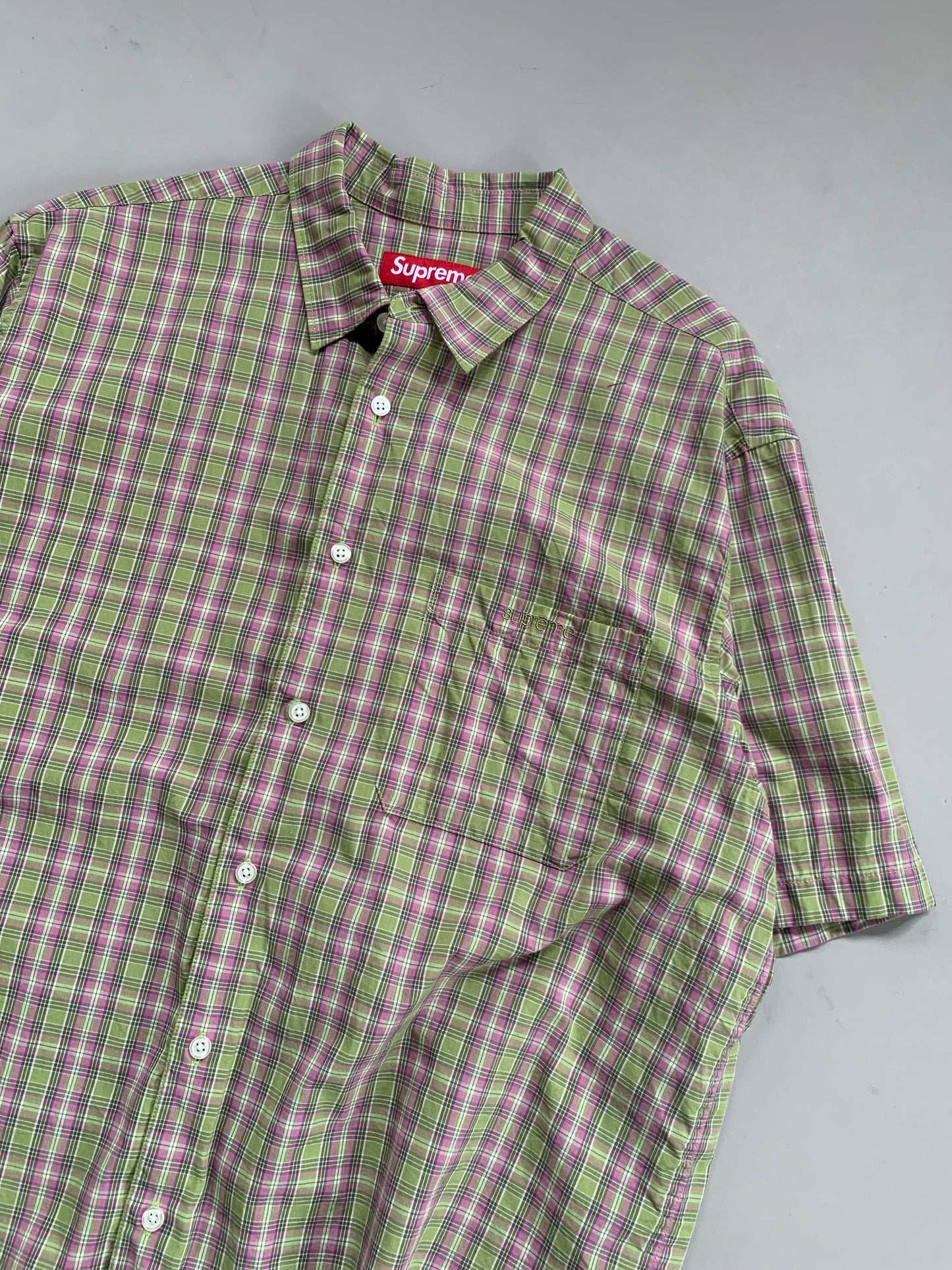 Large Supreme Green/Pink Plaid Button Shirt