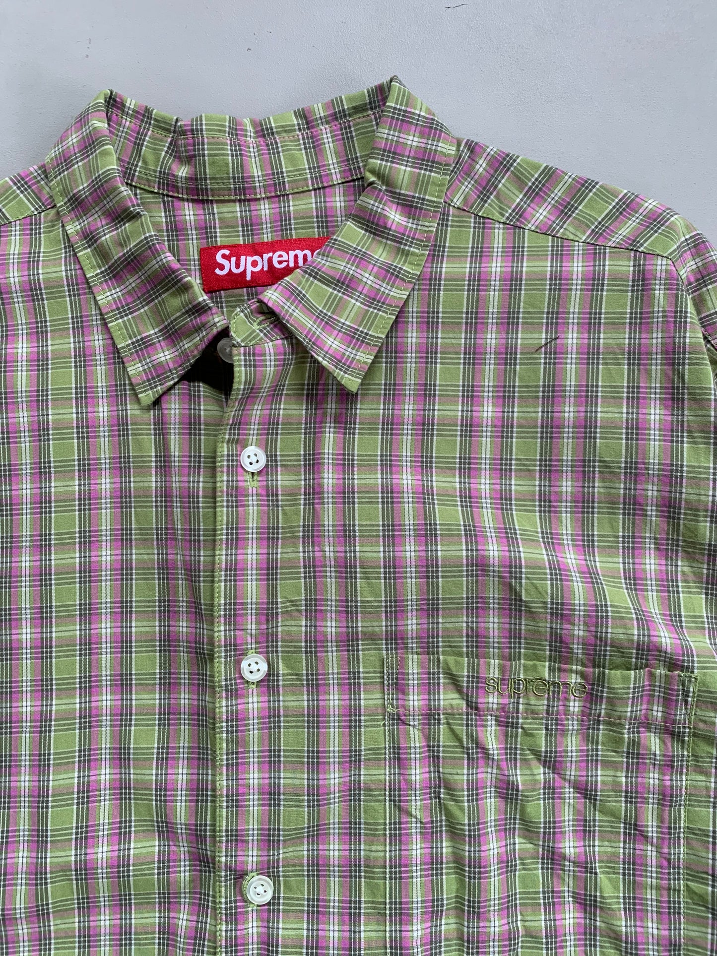 Large Supreme Green/Pink Plaid Button Shirt