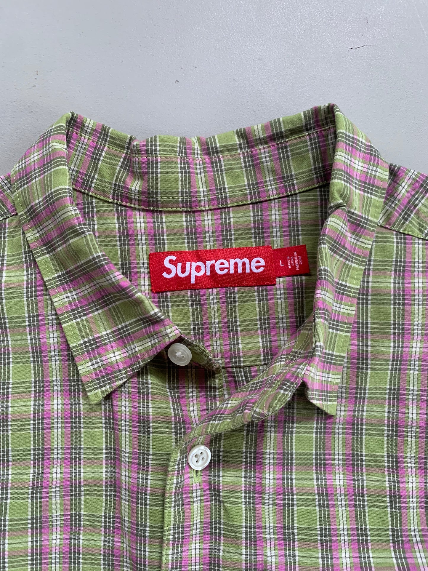 Large Supreme Green/Pink Plaid Button Shirt