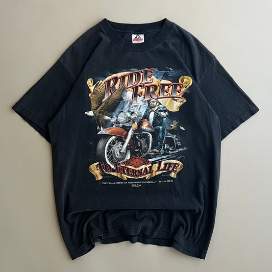 Large 2000 Ride Free to the Eternal Life Jesus Biker T-shirt