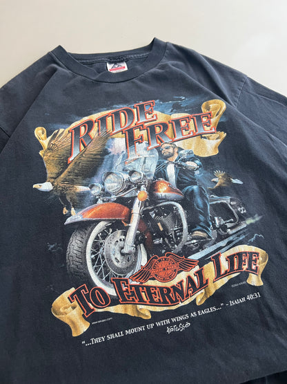 Large 2000 Ride Free to the Eternal Life Jesus Biker T-shirt
