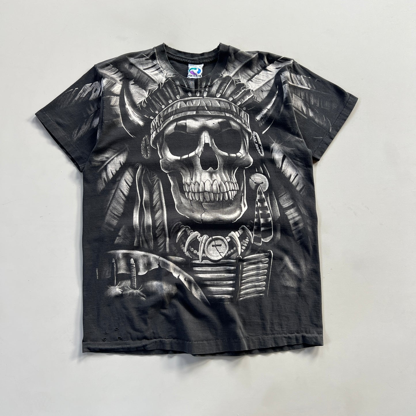 XL 1997 Distressed Tribal Skull Liquid Blue T-shirt