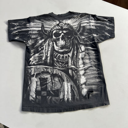 XL 1997 Distressed Tribal Skull Liquid Blue T-shirt