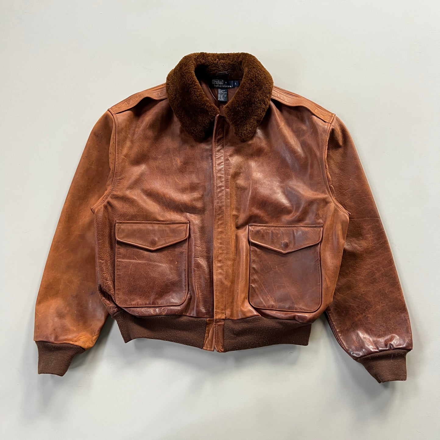 Large 1990s Polo Ralph Lauren Grizzly Leather Aviation Jacket